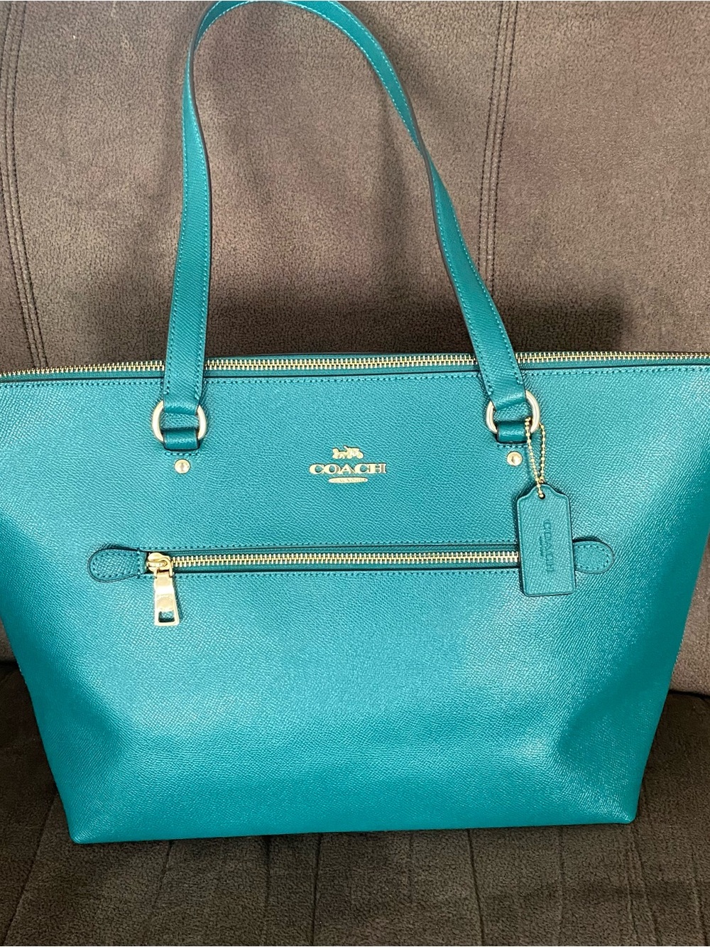 Coach Teal Leather Tote with Gold Hardware - Picture 1 of 8